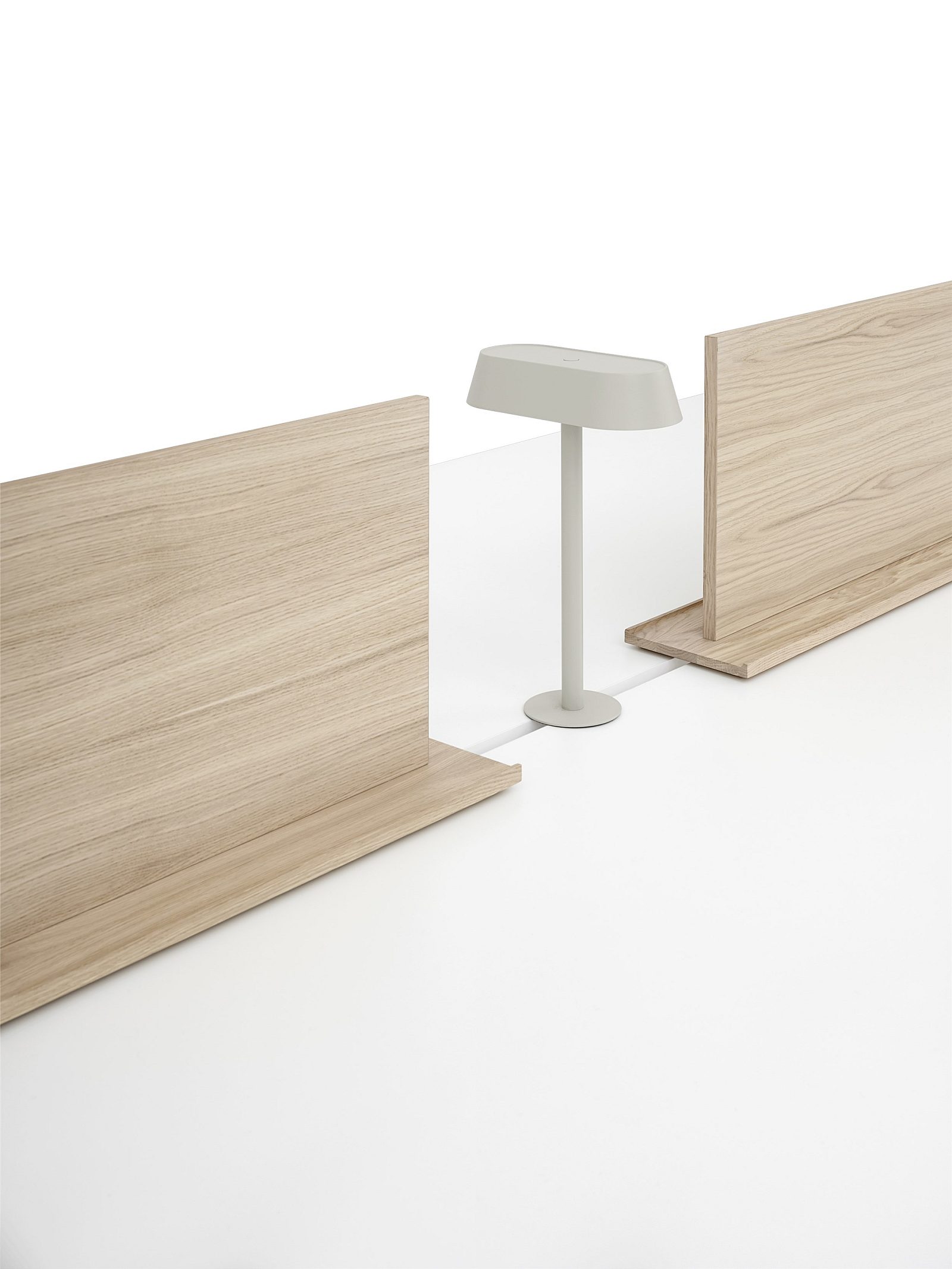 Linear system table white laminate oak screens mounted lamp detail 2 Muuto 5000x6667 hi res 150